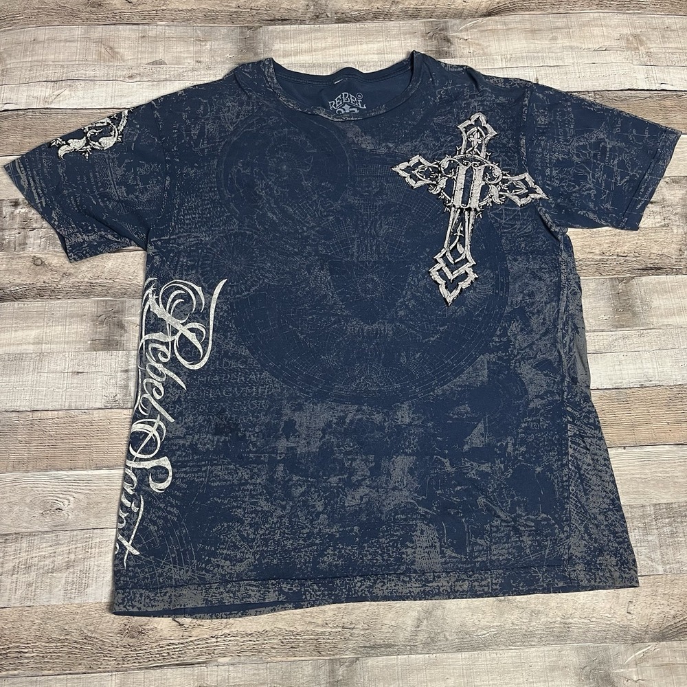 Rebel Saints Shirt Size XL Blue Y2K Punk Grunge Cross Wings